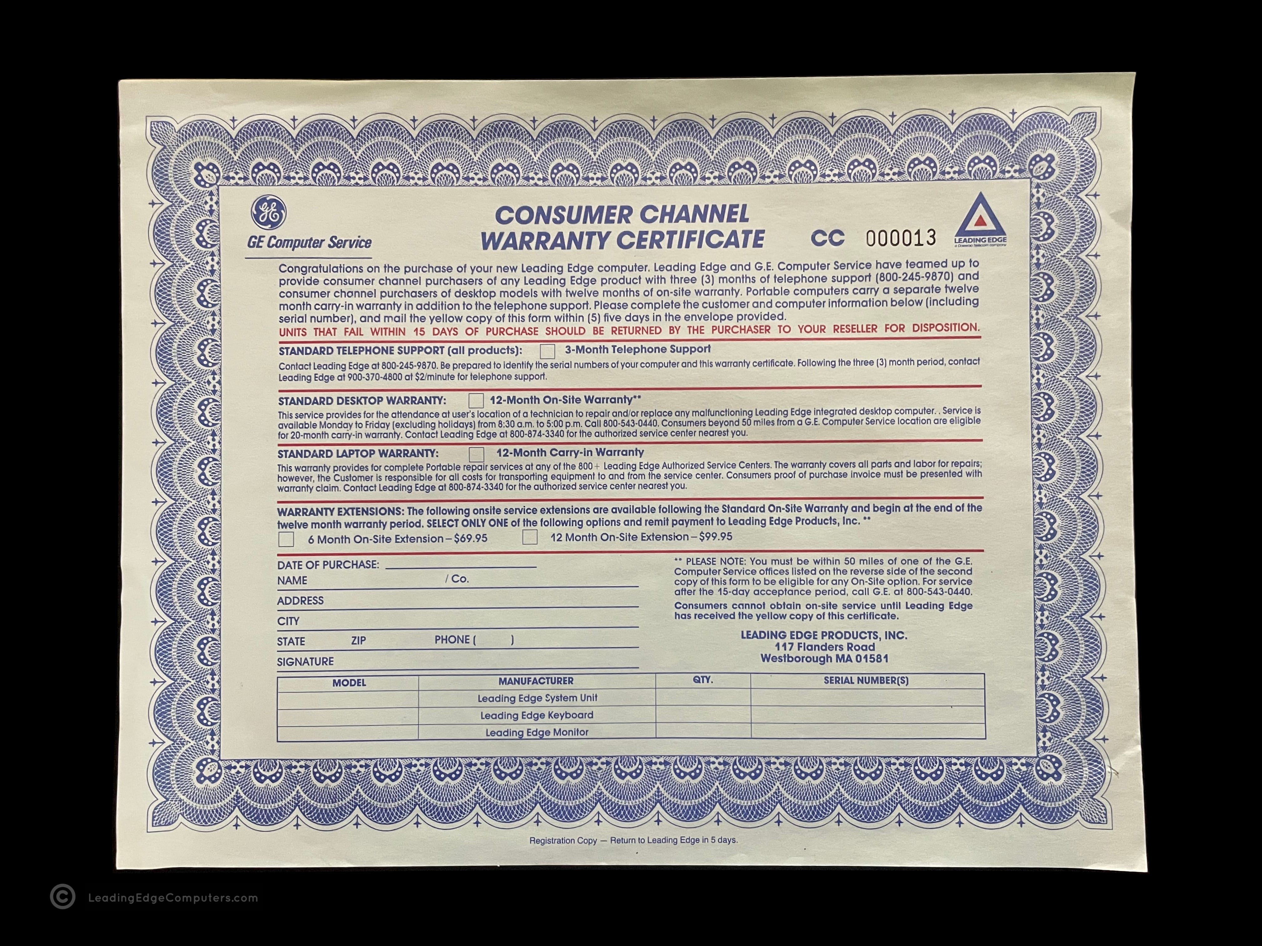 front of the consumer channel warranty certificate