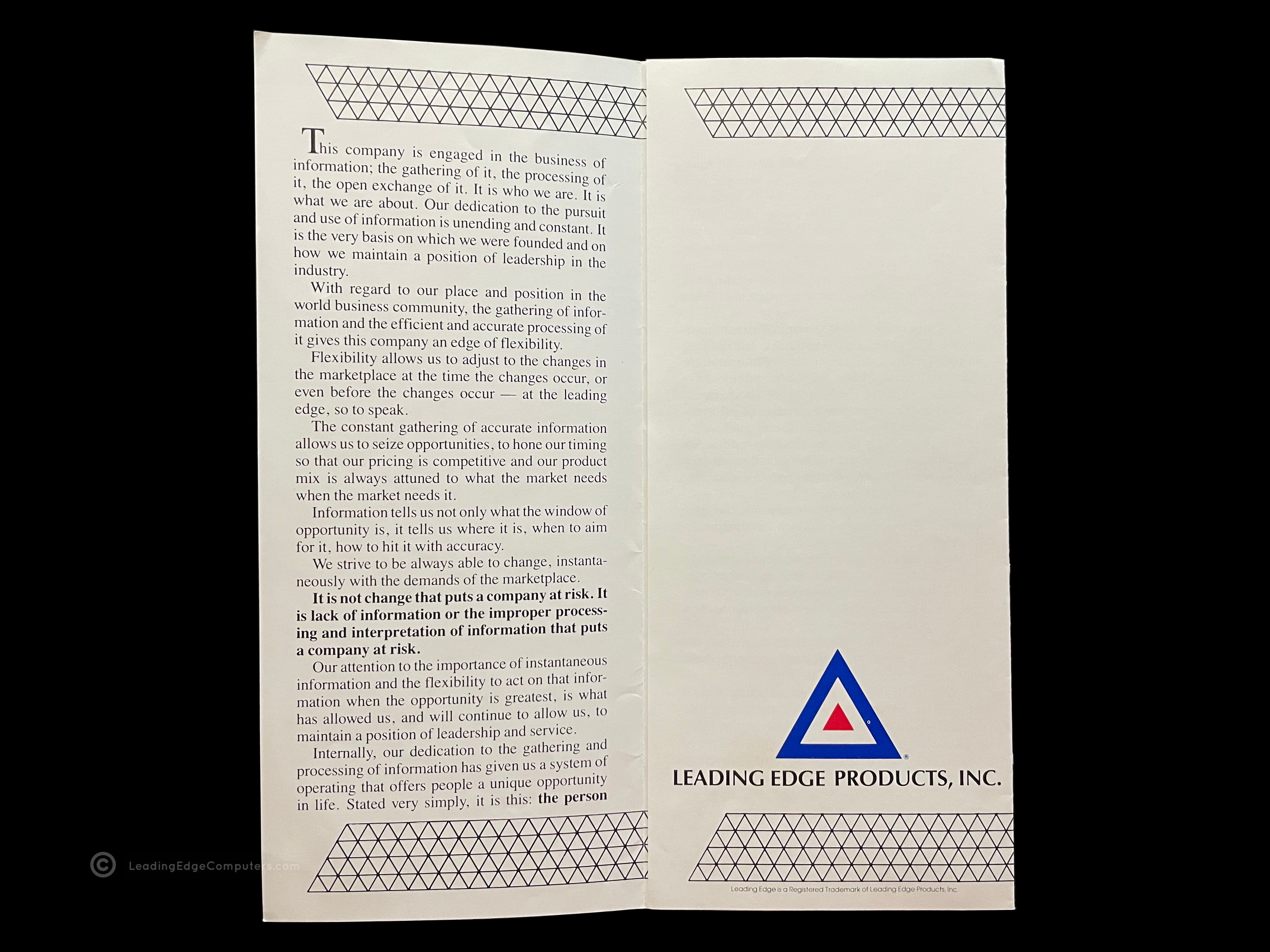 Leading Edge Philosophy brochure partly opened