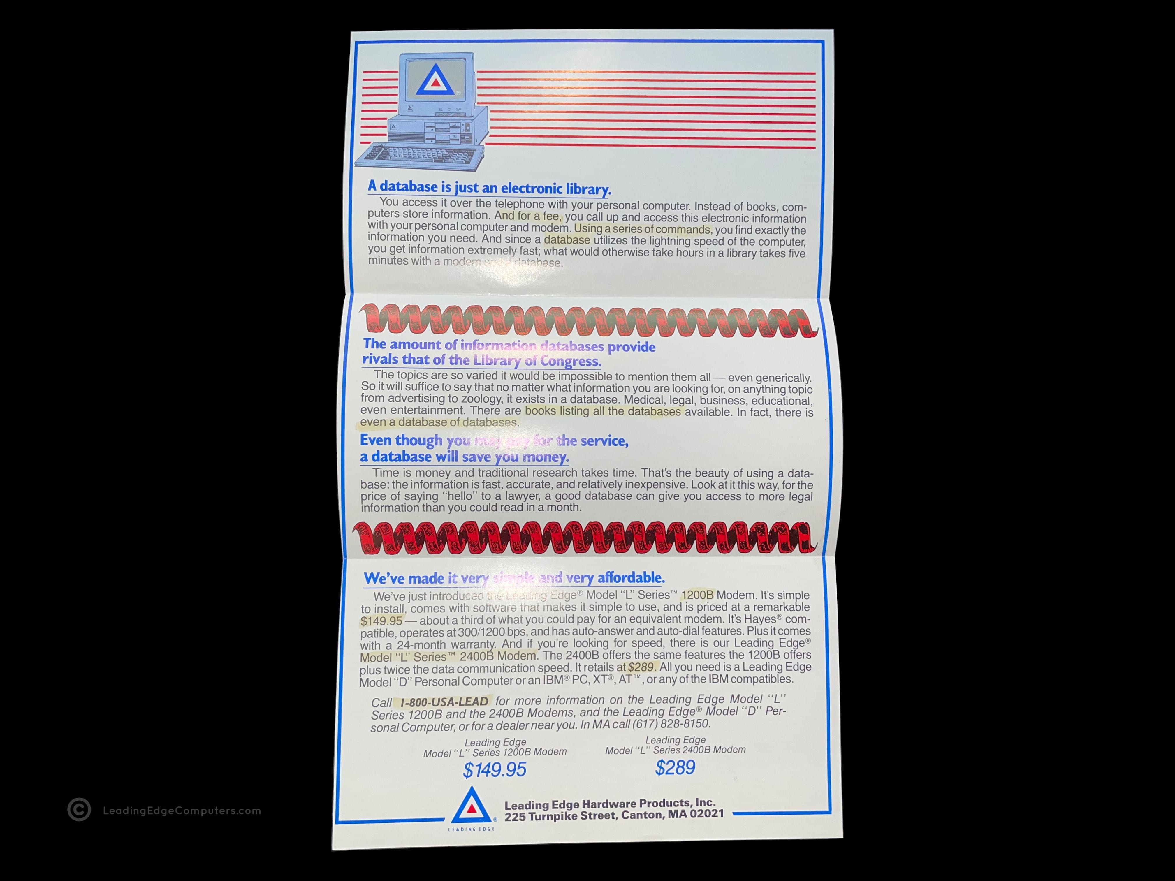 unfolded interior view of the model l series modem brochure