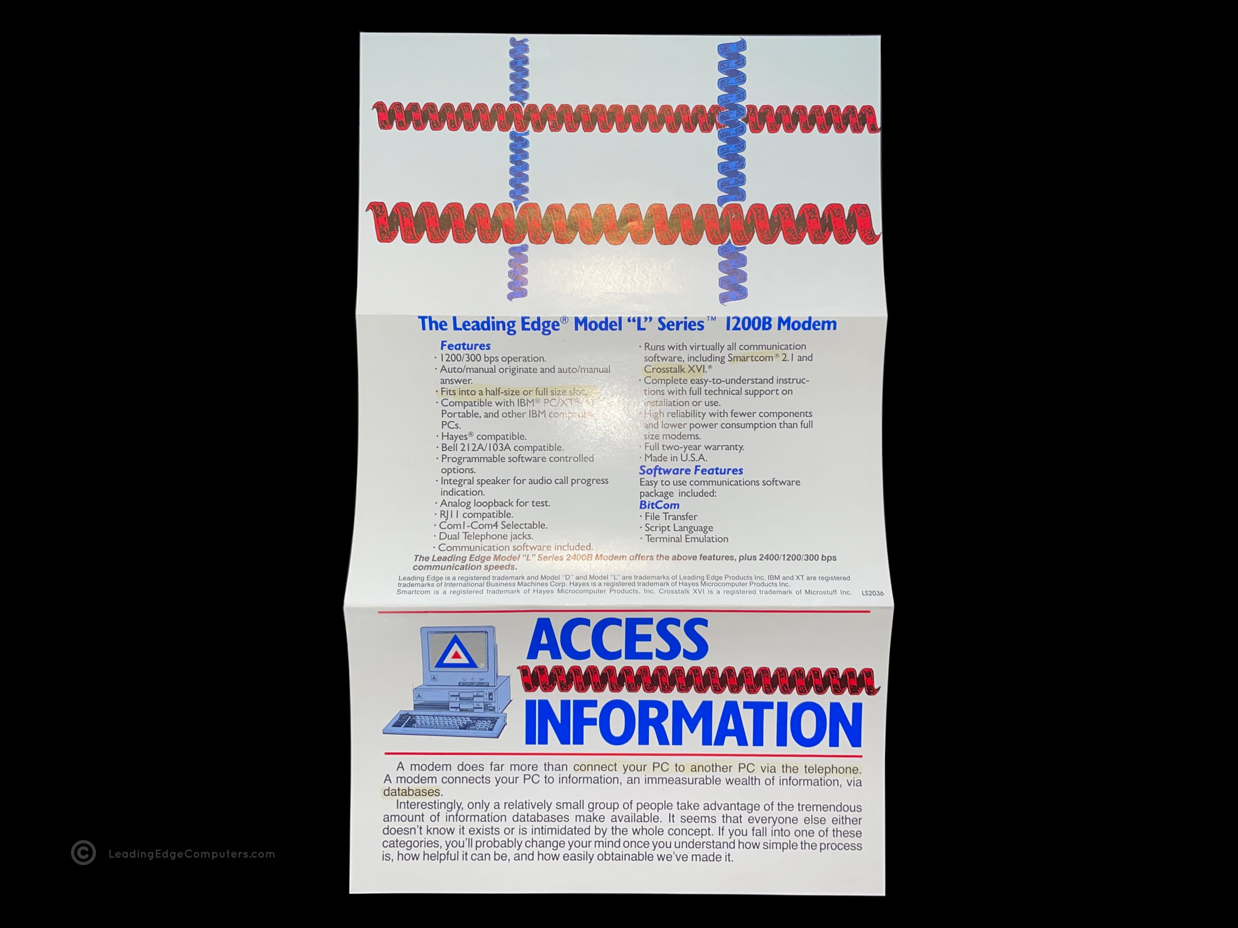 unfolded rear view of the model l series modem brochure
