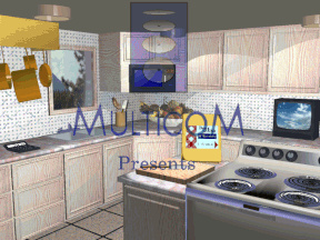 presentation screen of healthy cooking, showing an early computer generated image of a kitchen