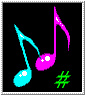 dr t's music software logo, two music notes, one teal and one pink and a green hash symbol