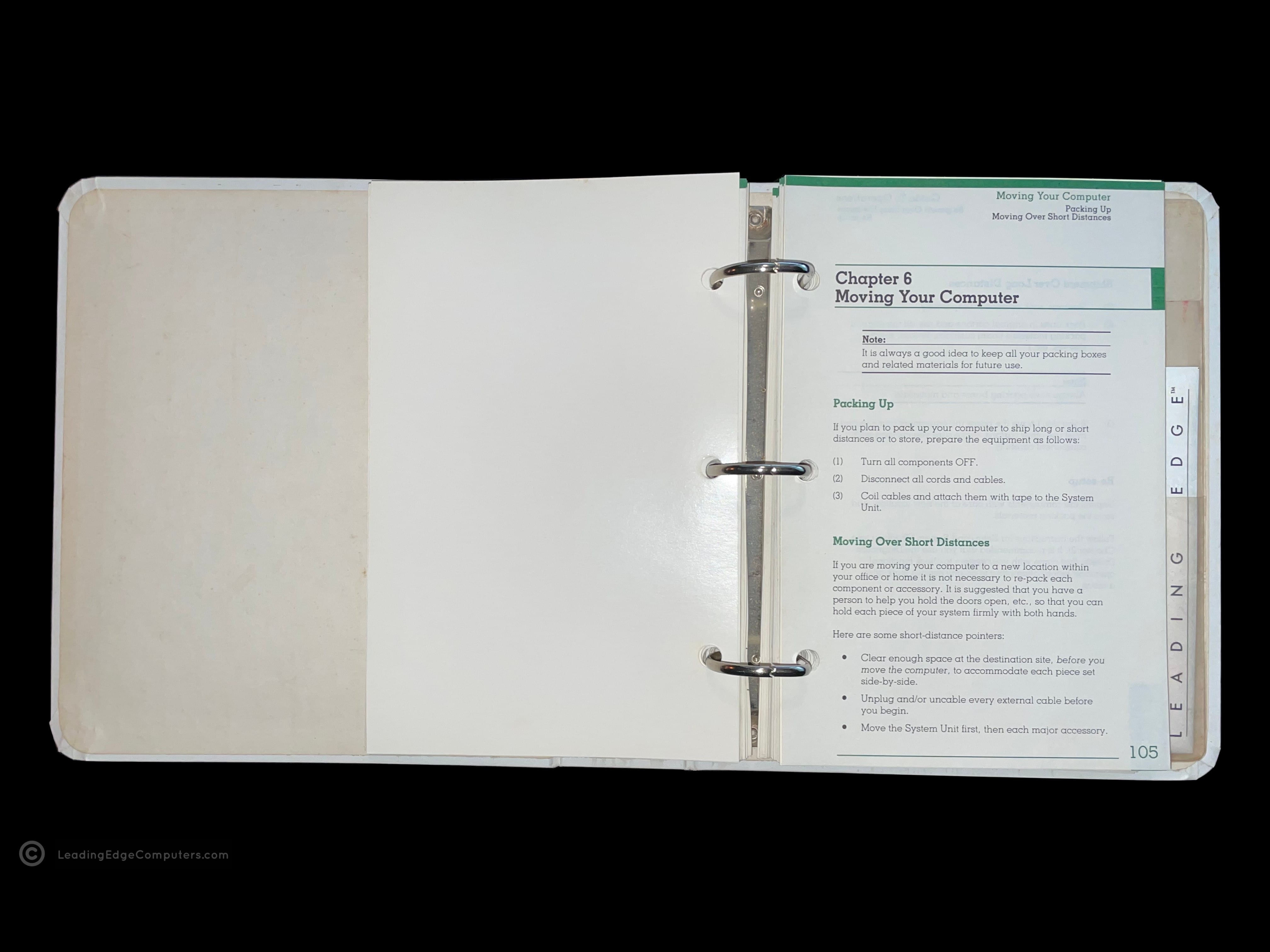 Page one of chapter six of the Technical Reference Manual, called moving your computer