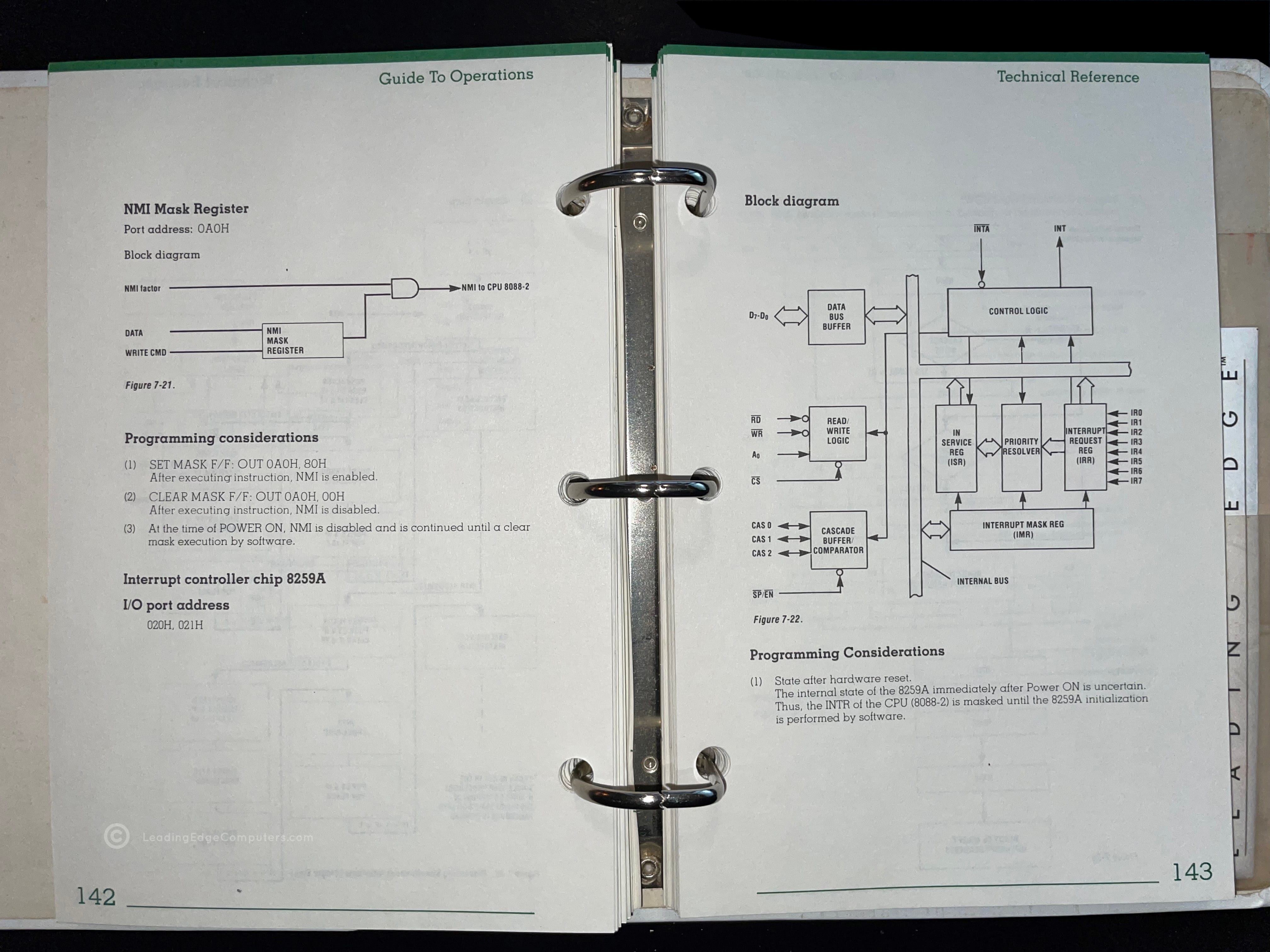 The Technical Reference Manual opened to page 142 showing a block diagram of the computer's logic