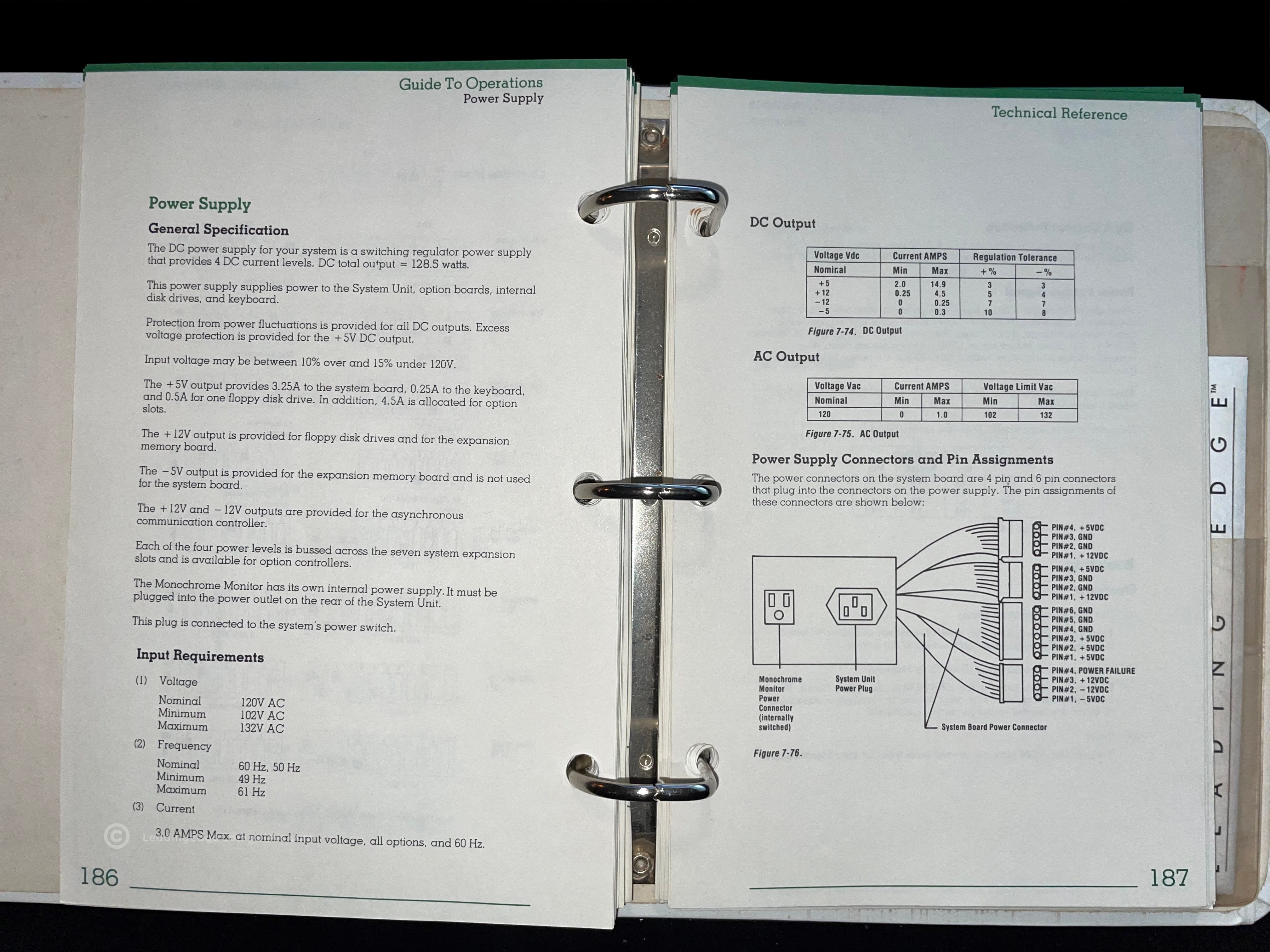 The Technical Reference Manual opened to page 186, discussing the power supply