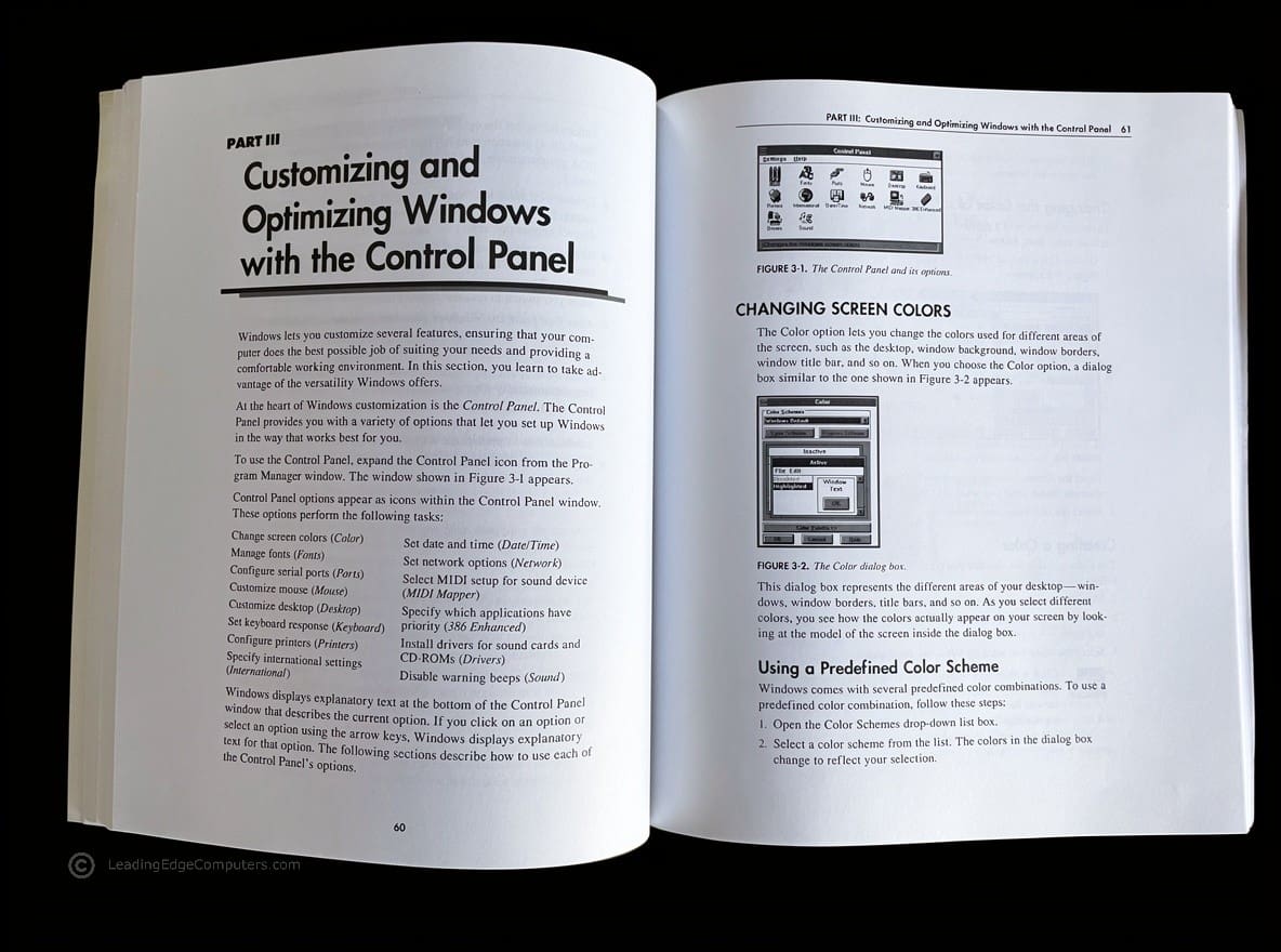 Photo showing inside of the Windows 3.1 Manual, featuring the control panel